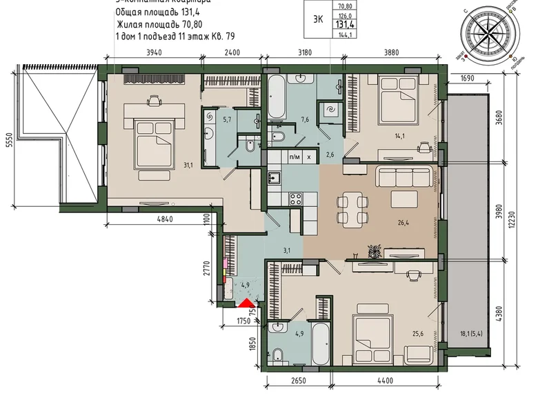 Квартира 3 комнаты 103 м² Калининград, Россия